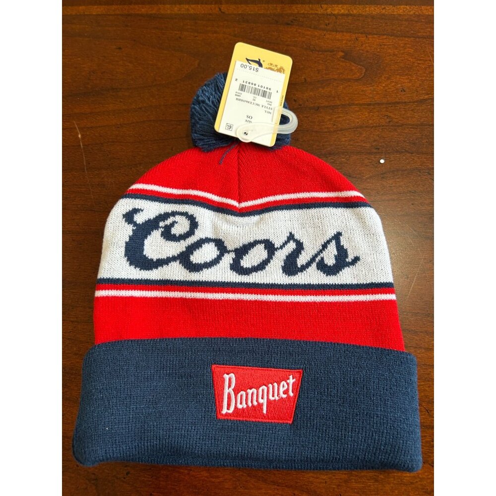 NEW Coors Banquet Red & Navy Knit Beanie Hat With Pom
